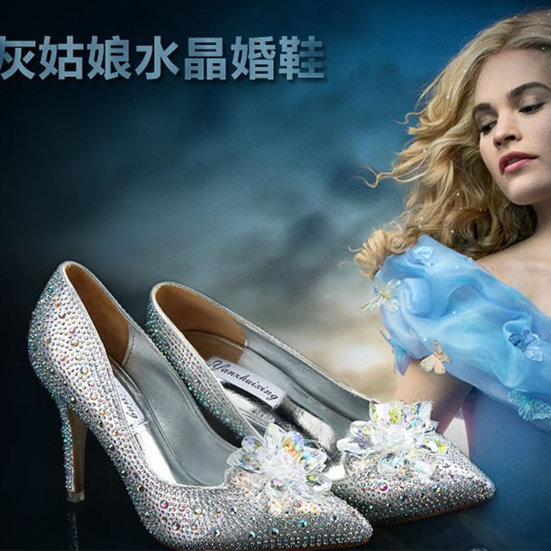 European and American sequined high heels Cinderella wedding shoes women's rhinestone crystal stiletto heel pointed bride shoes foreign trade large size