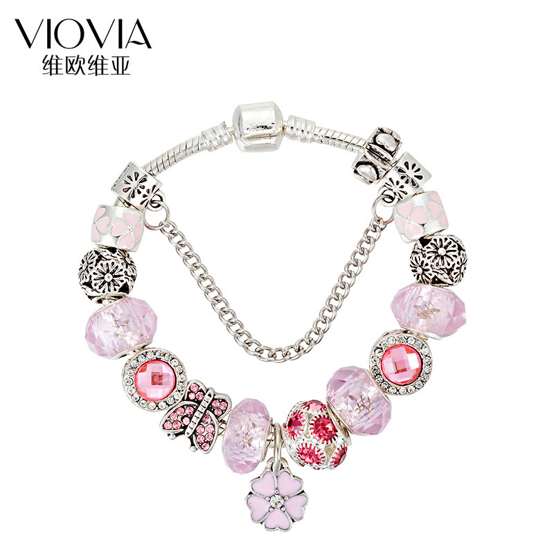 Original New Pink Crystal Beaded Bracelet European and American Fashion DIY Flower Pendant Butterfly Diamond Handmade Jewelry