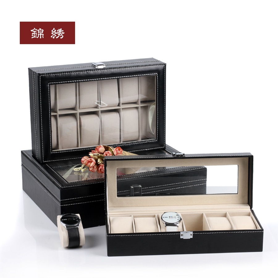 黑色皮革手表盒子 开窗手表收纳箱 手链首饰盒 6位12位手表箱