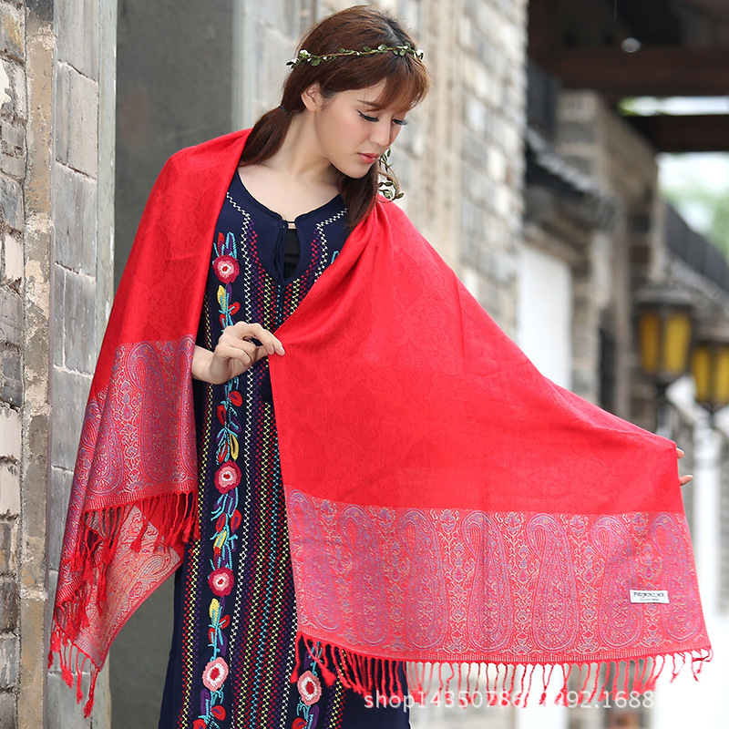 Ethnic Style Cashew Neck Air Conditioning Large Shawl Scarf Dual-Use Jacquard Tassel Spring and Summer Long Cotton Scarf for Women
