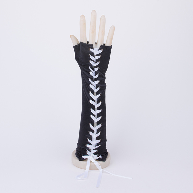 Guantes sin dedos con cordones largos guantes de satén negro codo manga larga adecuada para el compromiso de la boda FIESTA DE Halloween mano