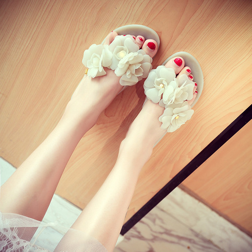 2017 Summer Camellia Human Toe Slip On Sandals, Flat Jelly Shoes for Women, Toe Sandals with Flowers, Beach Sandals Wholesale