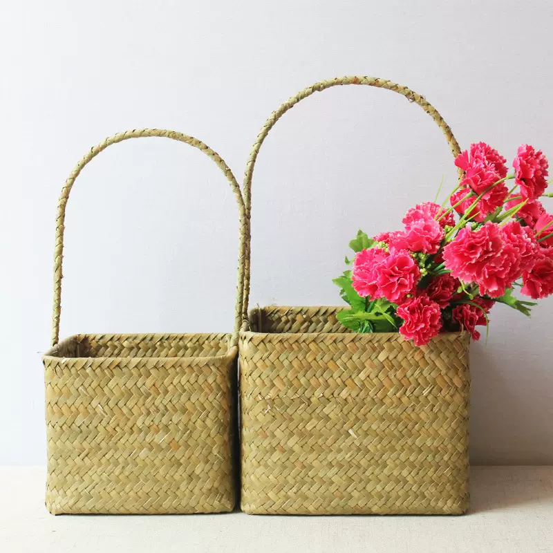 001 海草编织提手伴手礼篮子装饰北欧风礼物满月婚庆花篮