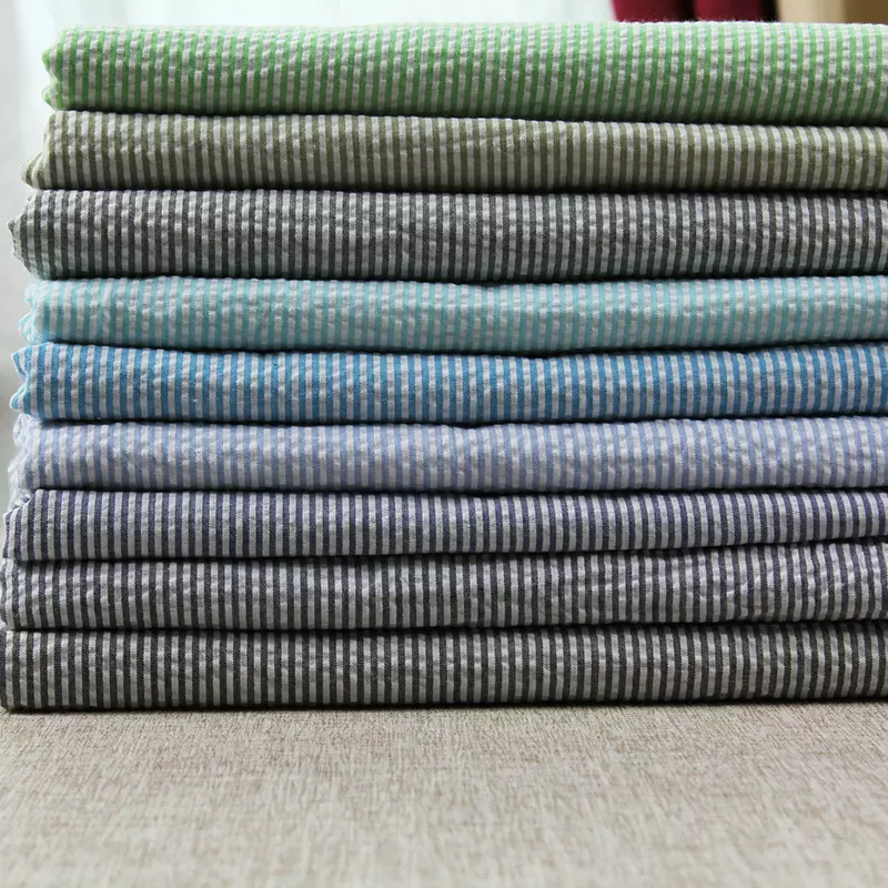 厂家现货 新款TC细条纹面料 泡泡纱条纹面料 春夏衬衫面料批发