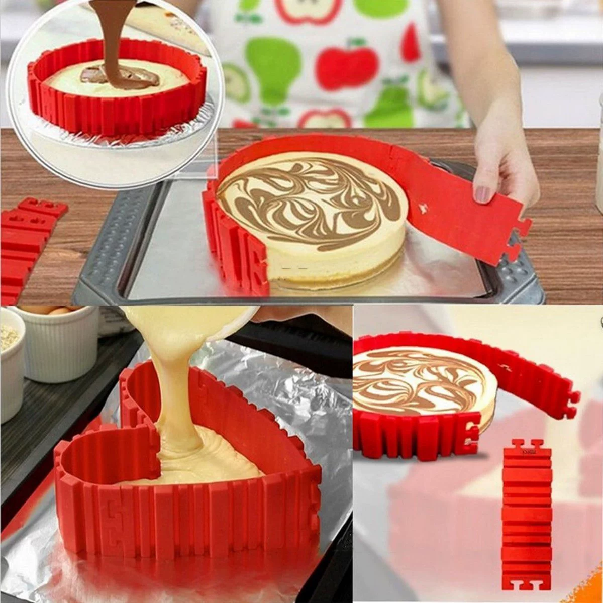 Силиконовая круглая форма для торта 4-шт набор, красная, пищевая, 19×5.5 см, пригодна для духовки и микроволновки