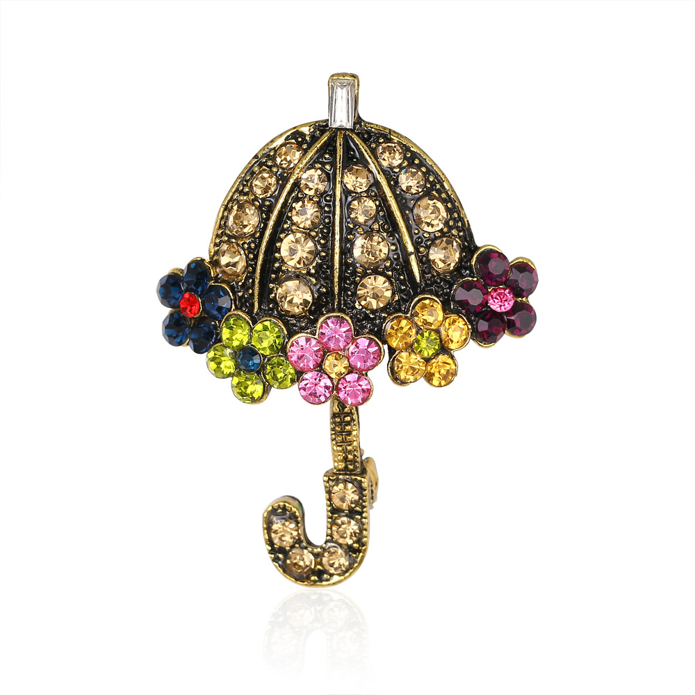 Korean version of Ruili fashion retro cute umbrella alloy colored diamond brooch women's spot wholesale
