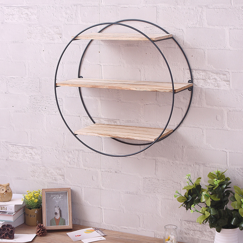 Round Iron Wall Storage Rack Retro Solid Wood Wall Combination Creative Home Multi-Function Partition Storage Bookshelf