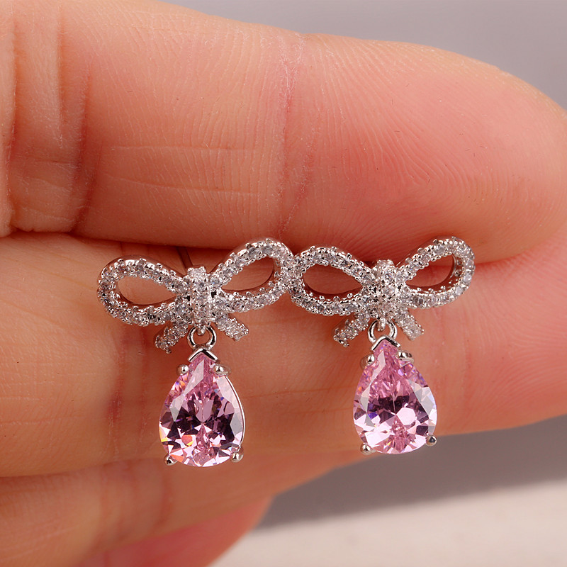 Bow Earrings with Pink Zircon for Women