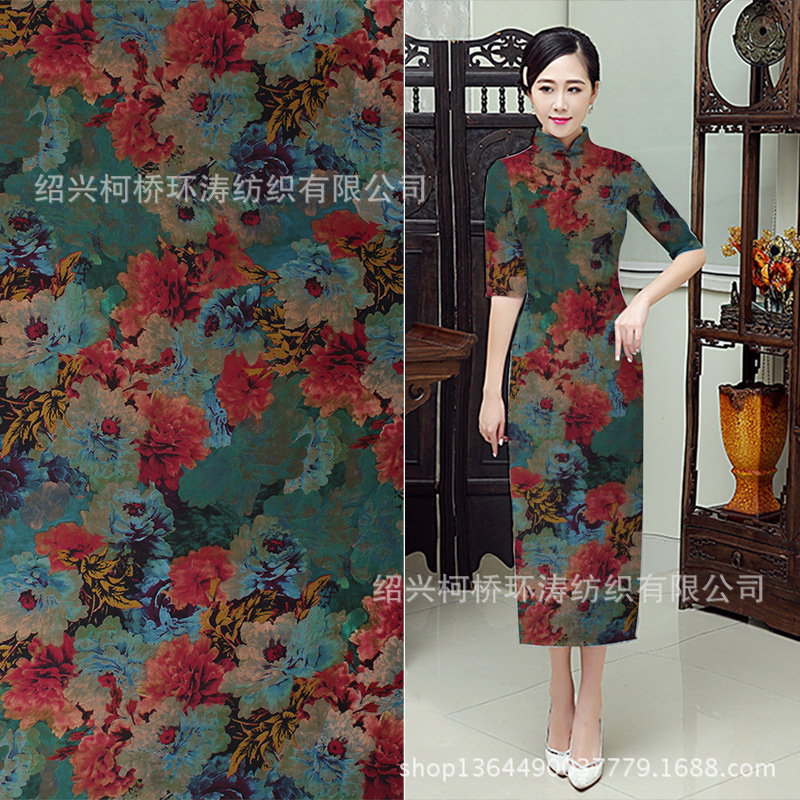 弹力色丁现货旗袍亚光仿真丝印花复古潮流风格中式高档礼服