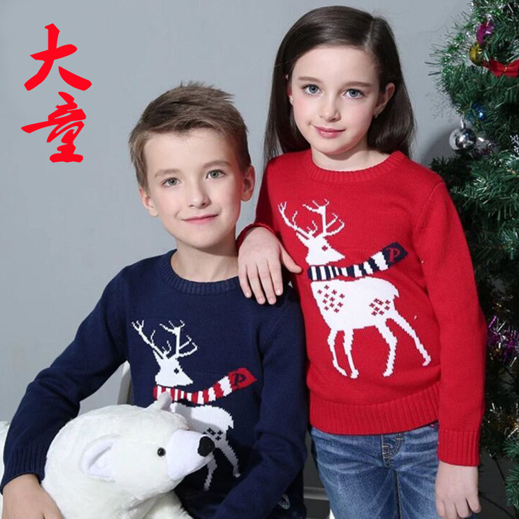 Children's sweaters, export factory stock, boys' and girls' Christmas deer scarves, deer jacquard pullover long-sleeved shirts