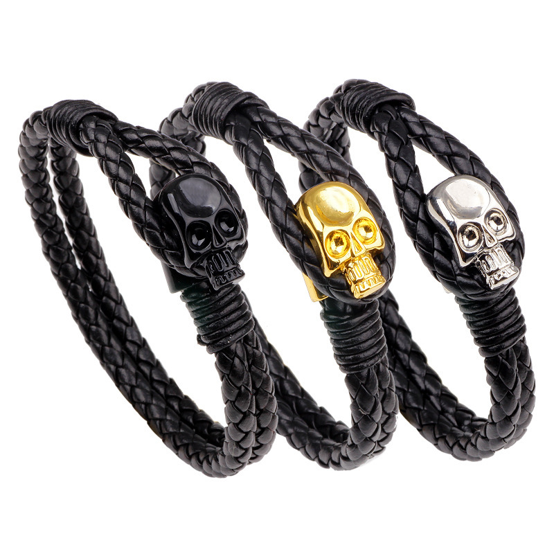 Temu Hot Selling European and American Personality Leather Woven Bracelet Skull Men's Alloy Buckle Real Cowhide Bracelet Trend