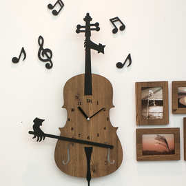 厂家直销mandelda艺术装饰时钟木质墙壁挂钟可爱卡通小提琴壁钟