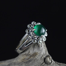 人品银品时尚女式精工戒指S925纯银镶嵌几何蛋面绿玛瑙开口指环