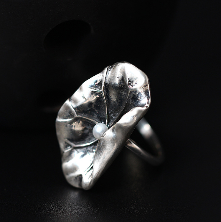 s925银创意设计泰银复古荷叶指环民族风镶嵌淡水珍珠开口戒指女