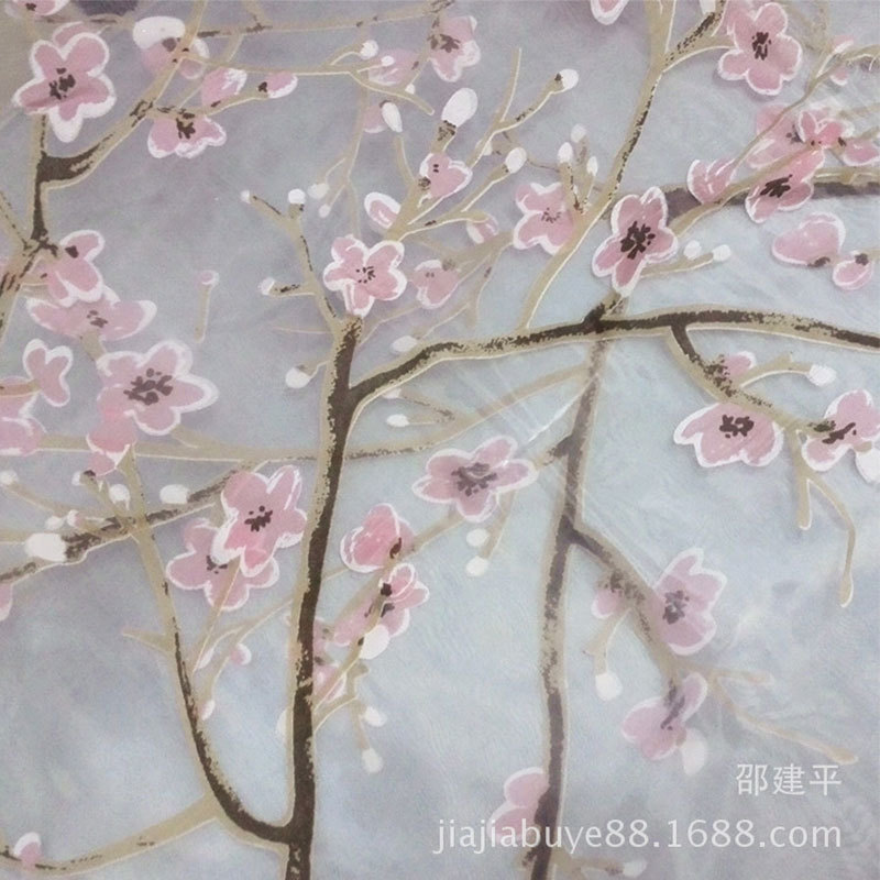 涤纶面料烂花印花网浆印染腊梅花烧花欧根纱连衣裙布料清新印花