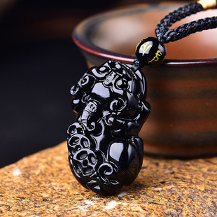 Glaze Imitation Obsidian Large One-Three-Money Pixiu Pendant Gloss Men's and Women's Necklace Glass Leather Hugh Pendant
