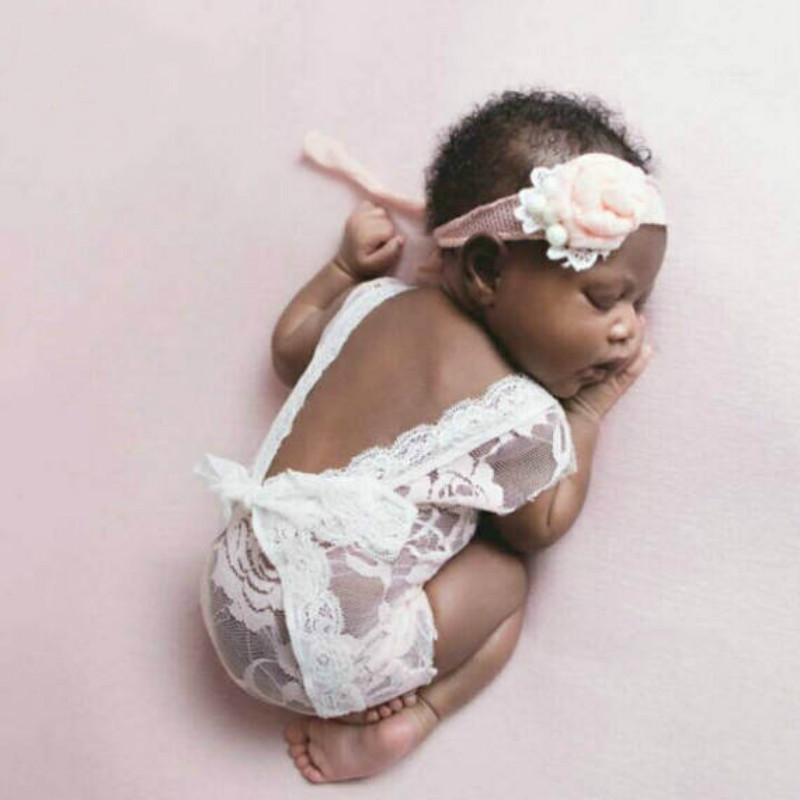 Europa y América de los niños ropa fotografía recién nacido profundo V backless del mameluco cordón bebé 100 días foto traje mono