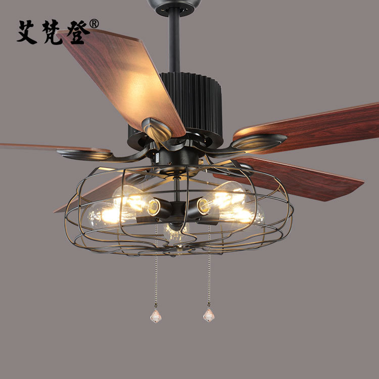 Loft Industrial Fan Light Hanging Fan Light Retro American Restaurant Home LED Chandelier with Electric Fan Wooden Leaf Remote Control