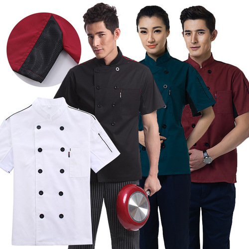 Chef work clothes spring and summer short-sleeved double-breasted breathable moisture-absorbent stand-up collar anti-fouling restaurant chef clothing manufacturer wholesale
