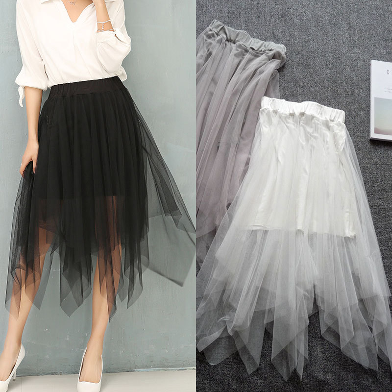 不规则网纱半身裙 中大群摆长款蕾丝仙女裙高腰大码 甜美裙子