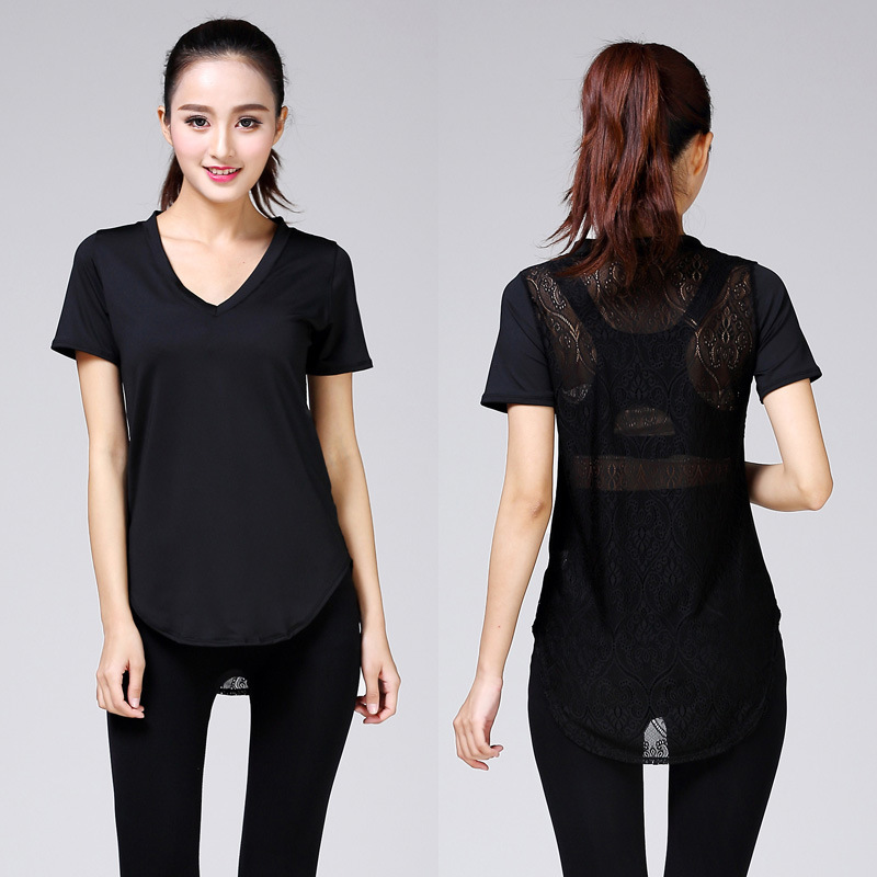 European and American V-neck loose back perspective short sleeve lace stitching elastic fitness leisure sports yoga T-shirt top