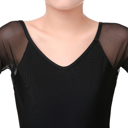 Children's dance clothing practice clothing ballet clothing girls short-sleeved v-neck mesh black children's one-piece performance clothing