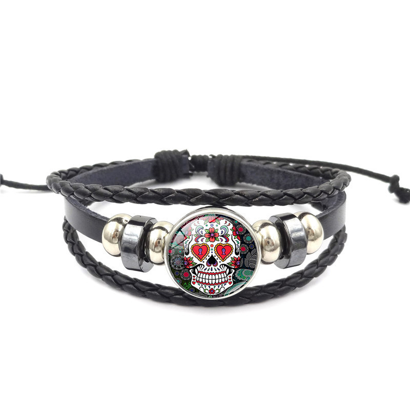 Mexican Sugar Skull Time Gem Woven Bracelet Women's Cross-border European and American Retro Multi-layer Beaded Leather Hand Rope