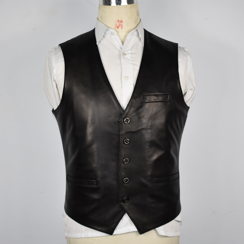 New Genuine Leather Men's Vest Suit Vest First Layer Goatskin Whole Leather Vest Vest Fashion Casual Slim Trend