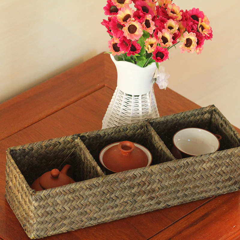 Cesta de almacenamiento tejida de hierba marina natural para sala de estar, caja de almacenamiento tejida sin ratán para artículos diversos, juegos de té y pequeños accesorios, multifuncional. image 4