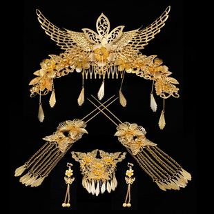 Bridal costume headdress Chinese style phoenix crown accessories golden hair accessories tassel dragon and phoenix jacket wedding show he Clothing Wholesale