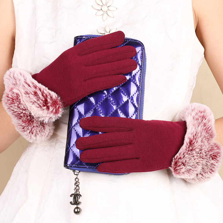 Otoño e invierno guantes de mujer forrados de lana cálida pantalla táctil equitación al aire libre terciopelo no invertido imitación Rex conejo piel boca guantes invierno