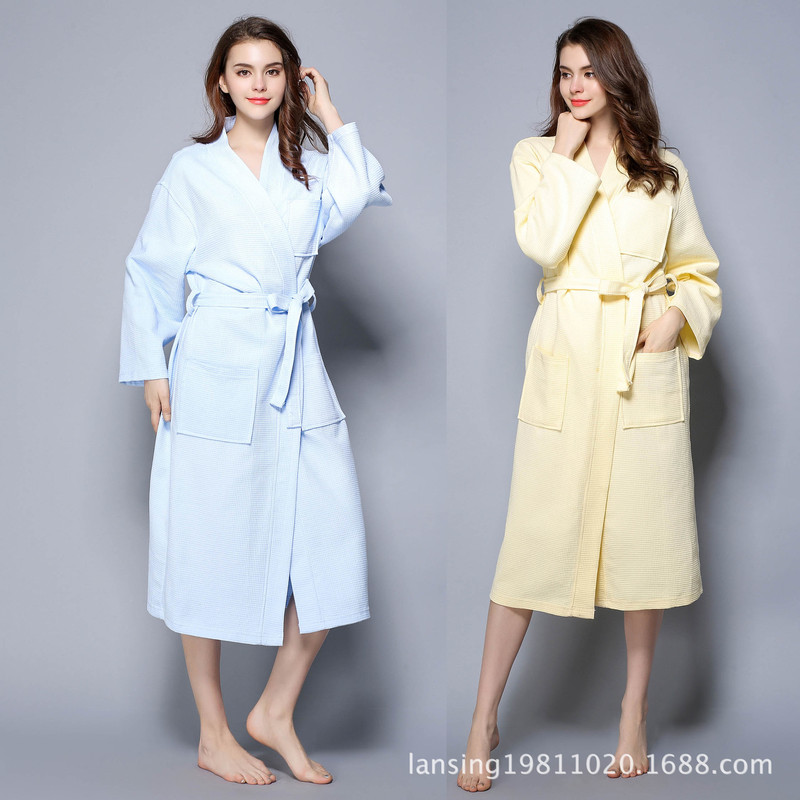 Men's and Women's Spring and Summer Cotton Waffle Couples Bathrobe Nightgown Cotton Pajamas Beauty Salon Bath Clothes