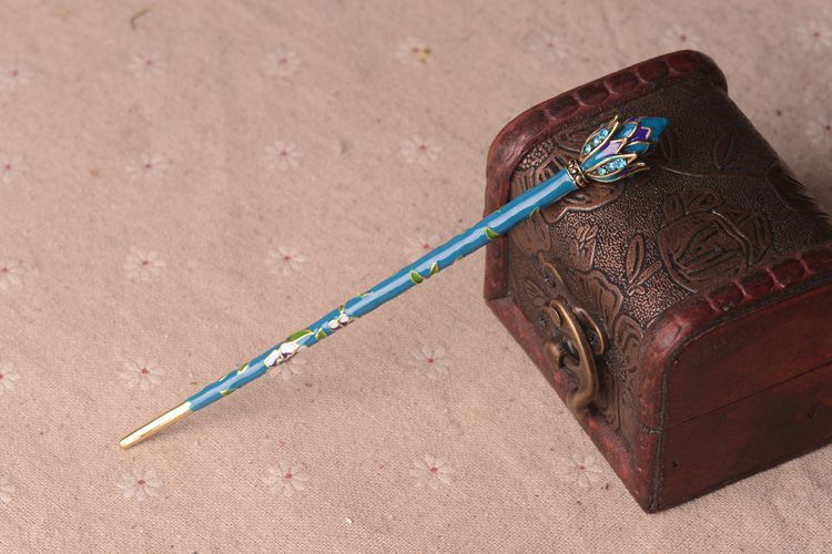 칠보 연꽃 봉오리 머리핀 구멍 파란색