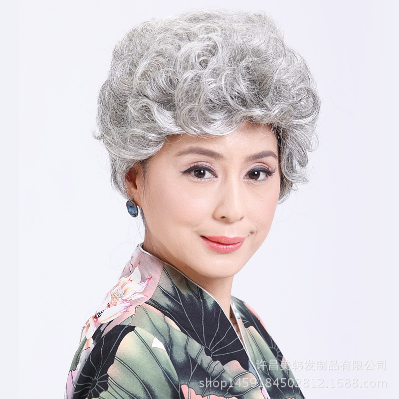 Stage Performance Elderly Gray Wig Female Short Curly Hair Silver White Hair Performance Props Grandma Grandma Headgear