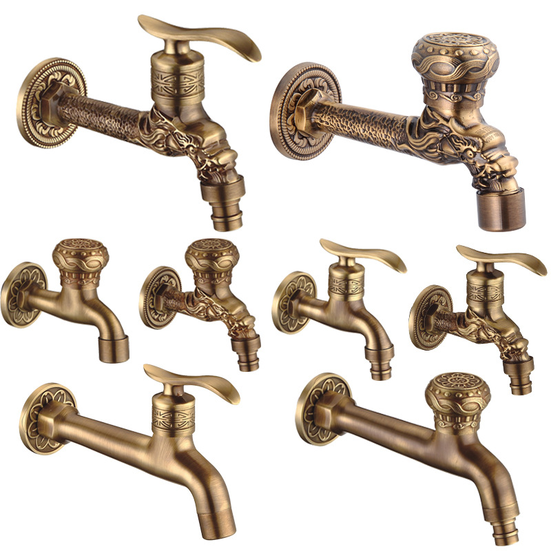 Antigua lavadora grifo de cobre de estilo europeo alargado fregona piscina grifo 4 puntos solo frío en la pared rápido abierto grifo