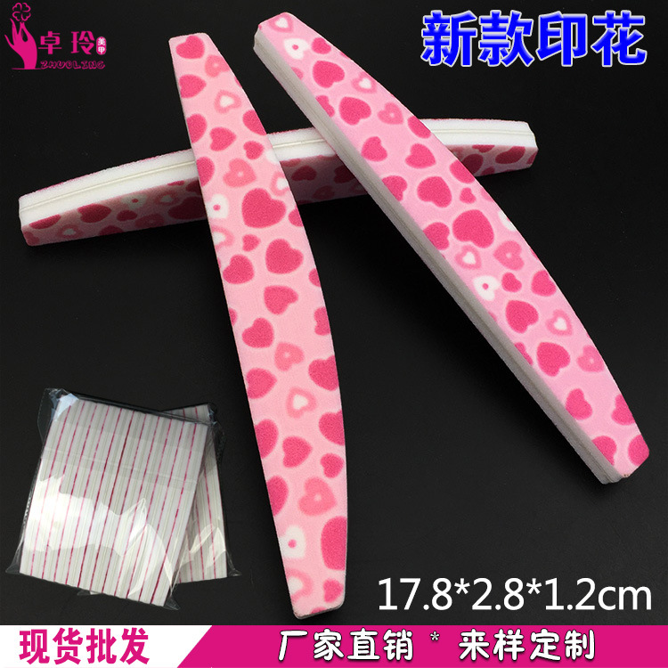 En stock al por mayor media luna de lavado de arena lima de uñas tira de lima de uñas de esponja Eva nueva impresión de esponja tira de arena