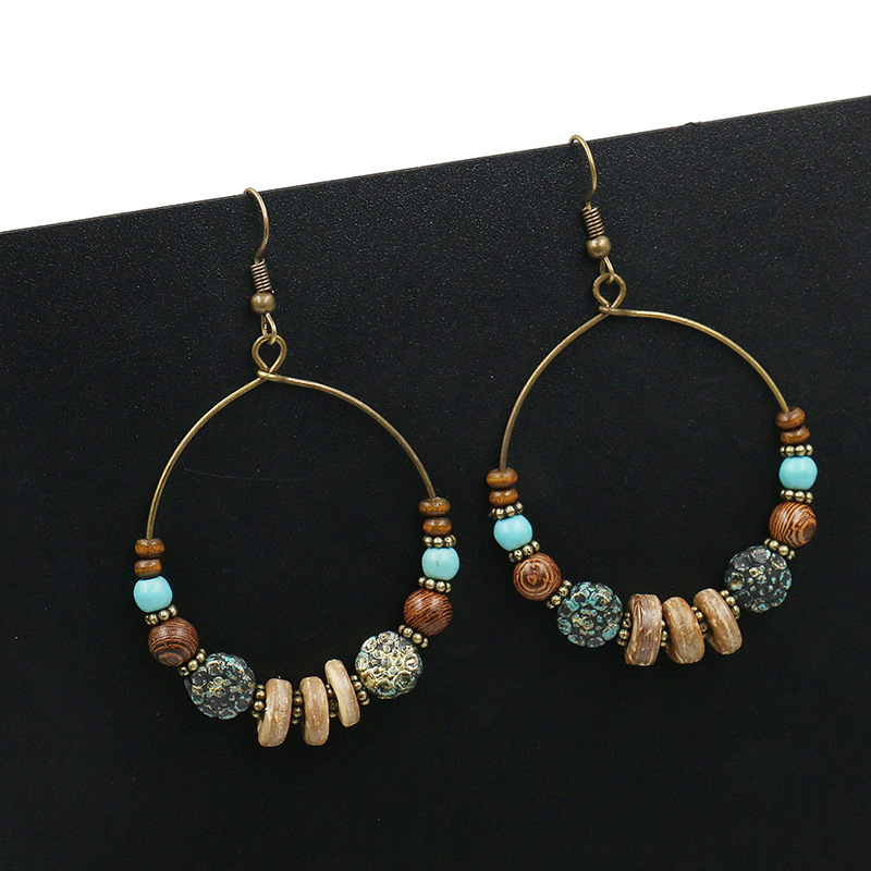 Cross-border Ethnic Style Large Circle Metal Earrings Women's European and American Fashion Round Earrings Creative Wooden Beads Turquoise Accessories
