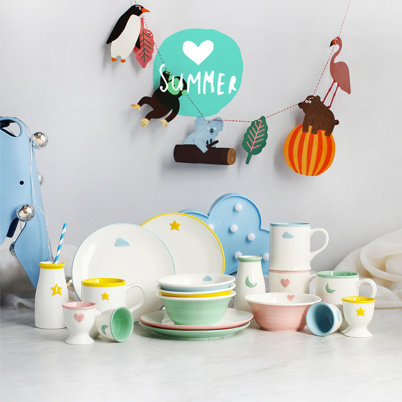 Children's Ceramic Bowl Household Cereal Breakfast Bowl Egg Cup Children's Day Birthday Gift Tableware Set Cartoon Tableware