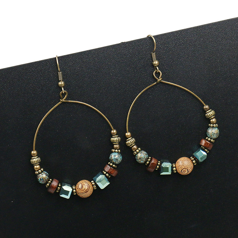 Cross-border Ethnic Style Large Circle Metal Earrings Women's European and American Fashion Round Earrings Creative Wooden Beads Turquoise Accessories