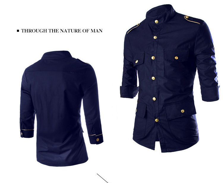 AliExpress New Foreign Trade Men's Golden Eaulets Decorative Seven-Sleeve Shirt Men's Slim-Fit Gold Button Shirt