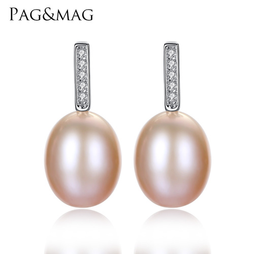 PAG&MAG 925 simple earrings minimalist style micro-inlaid zircon line freshwater pearl earrings women's earrings