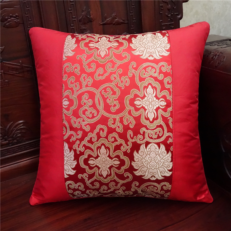 New Chinese-Style Pillowcase Without Insert, Square Red Satin Embroidered Silk Sofa Cushion Cover, Real Silk Satin, Antique Style