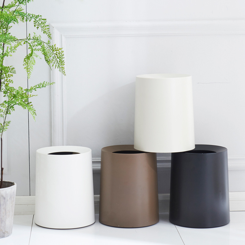 Japanese-Style Plastic Round Trash Can, Double-Layer Matte Frosted Without Lid, Simple Modern Large-Sized Trash Can with Handle