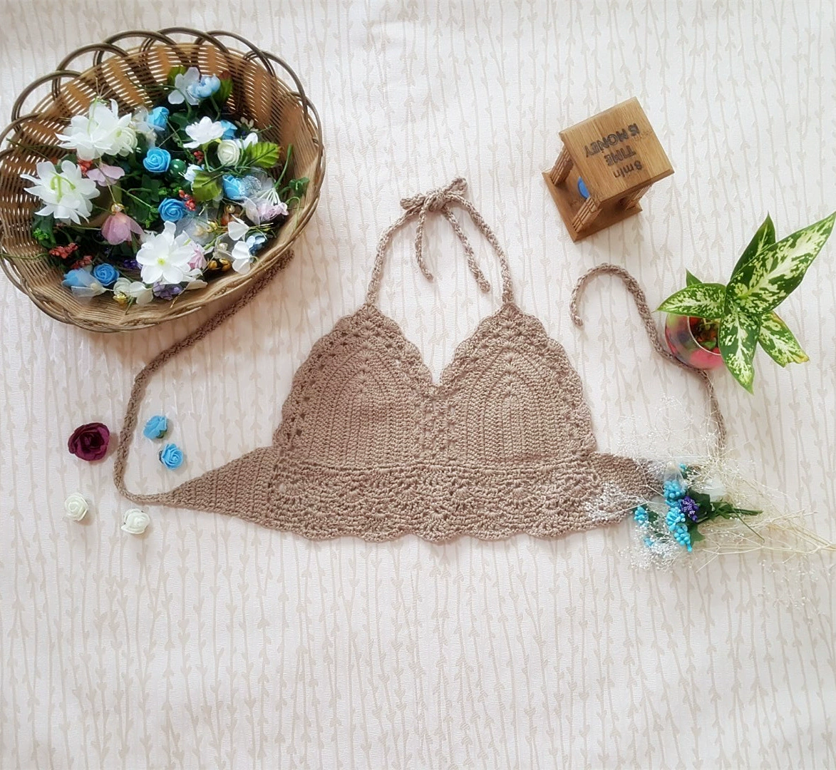 Вязаный крючком купальник топ, handmade женский купальник, подкладка на груди, один размер