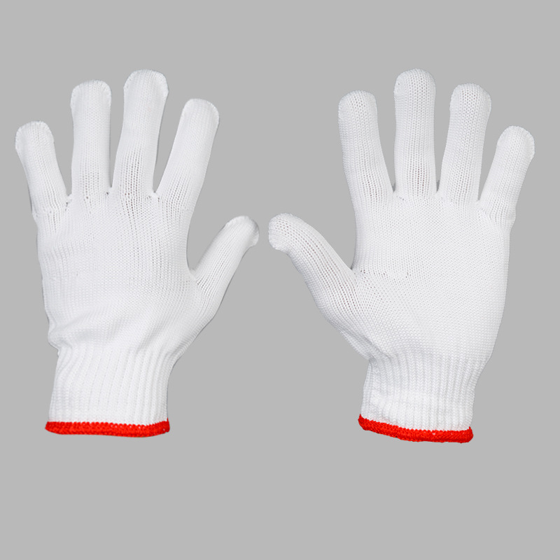 加密编织弹性碗口设计尼龙手套 白色劳保尼龙手套