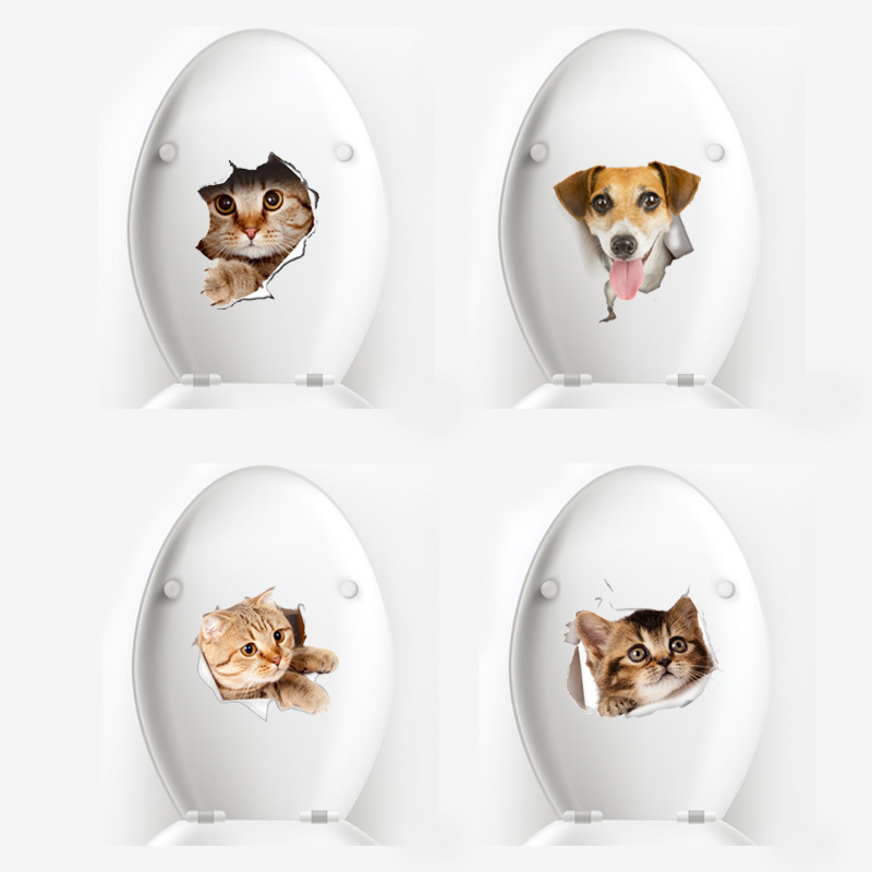Autocollant décoratif 3D représentant un chat et un chien traversant un carrelage mural, un abattant de toilettes ou un cahier._voghion.com