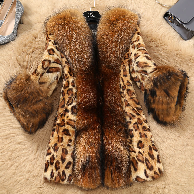 Autumn and winter New special women's imitation fur coat imitation raccoon fur collar classic leopard print long women's coat casual