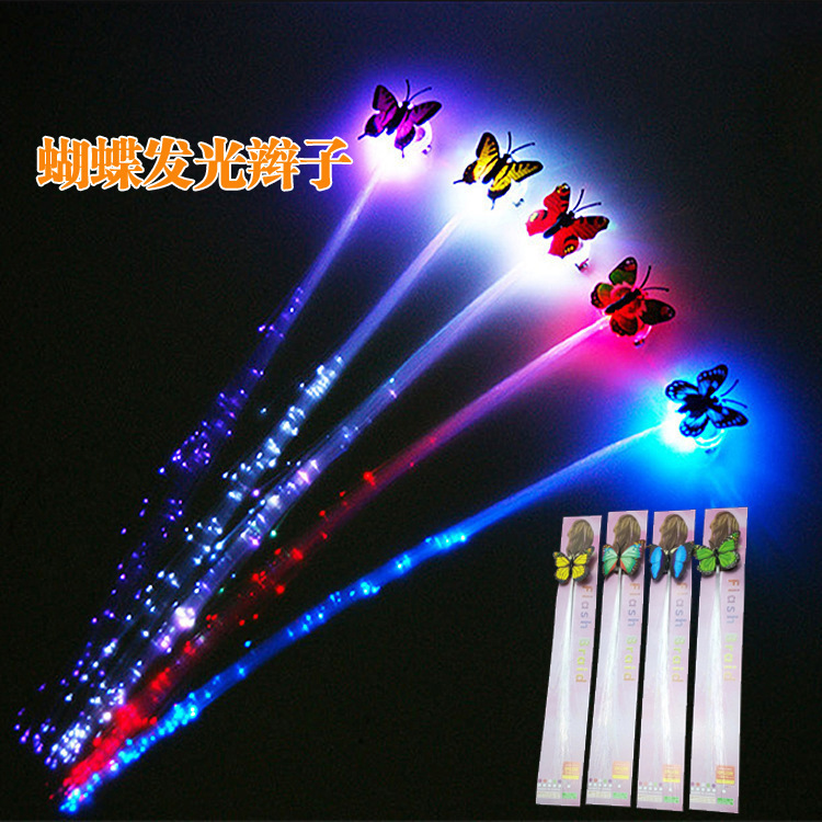 Factory Direct Sales Colorful Butterfly Luminous Braids Led Flash Fiber Optic Bright Fake Hair Street Stall Goods Colorful
