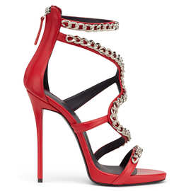 欧美女士红色白色黑色高跟凉鞋外贸包跟链条性感高跟鞋成都厂家