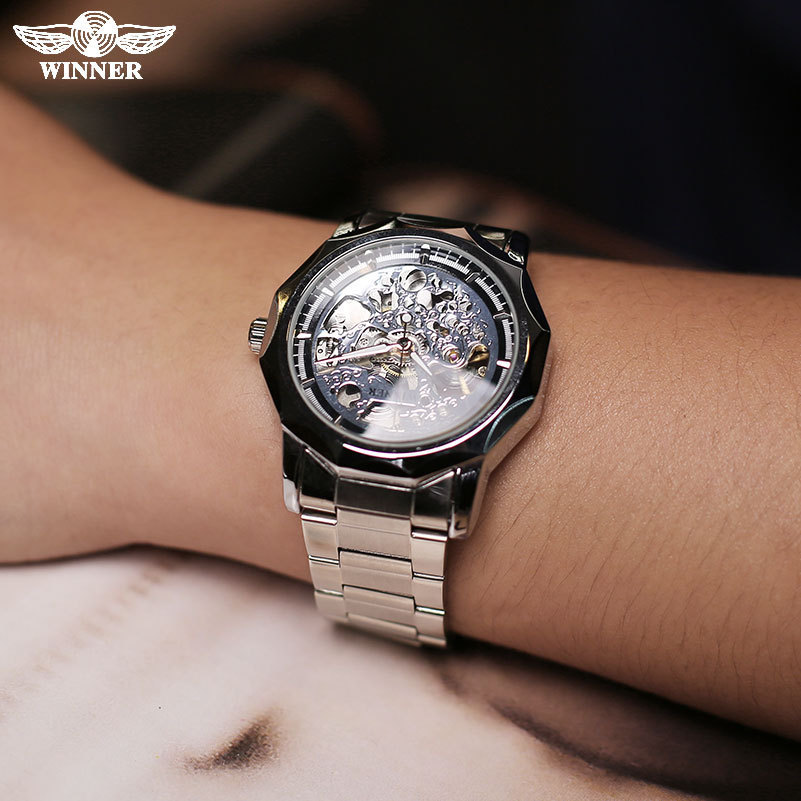 Reloj de oro de moda WINNER Reloj de fondo hueco para hombre Reloj mecánico automático Correa de acero